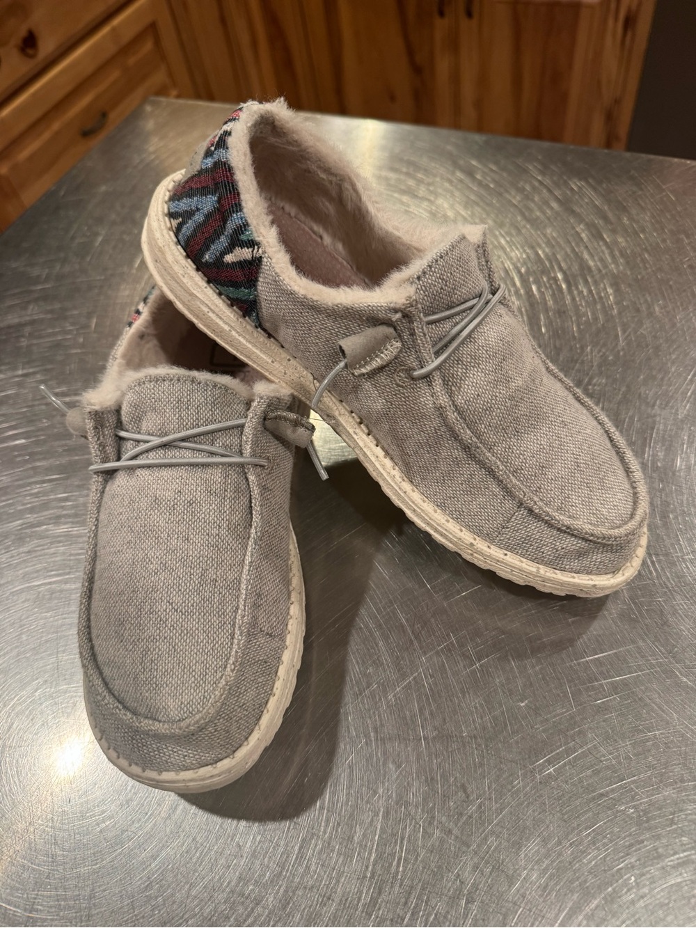 Hey Dude Women's Slip-On Loafers in Gray with Patterned Heel